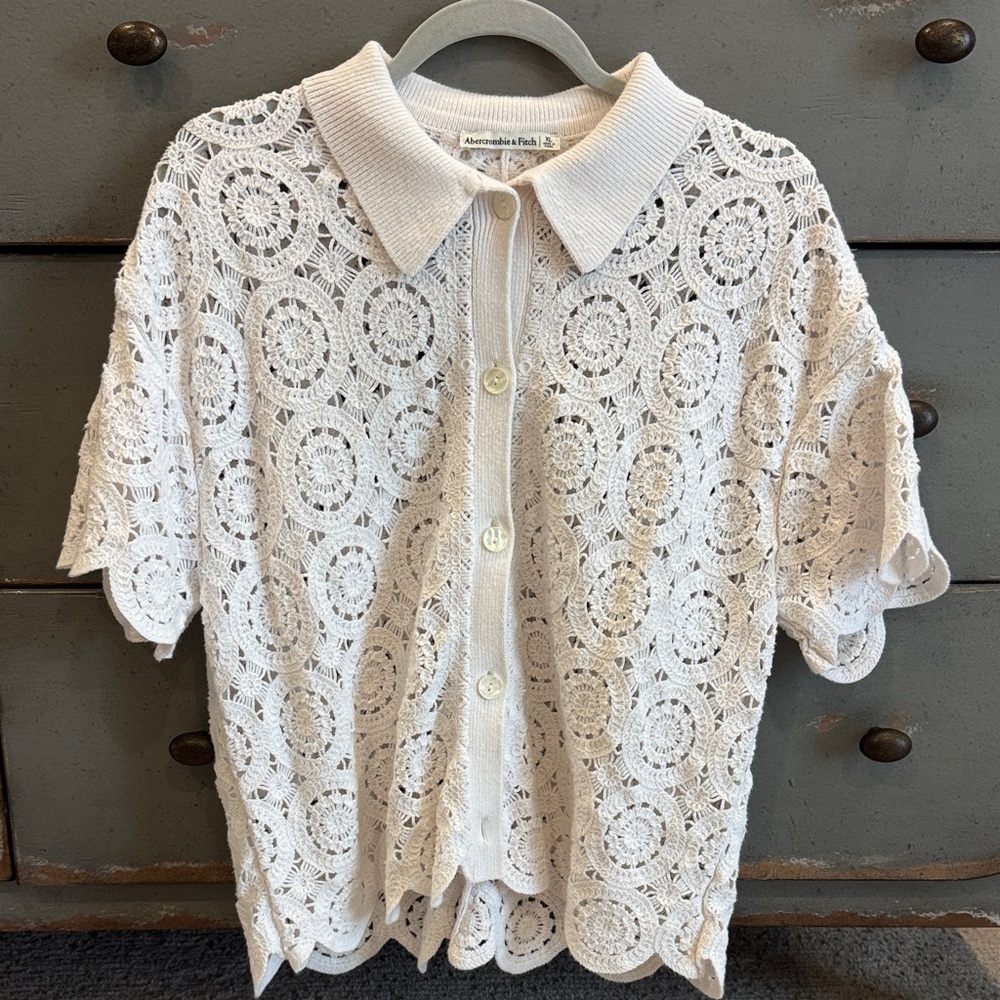 Abercrombie & Fitch Cream Crochet Button-Front Polo Top